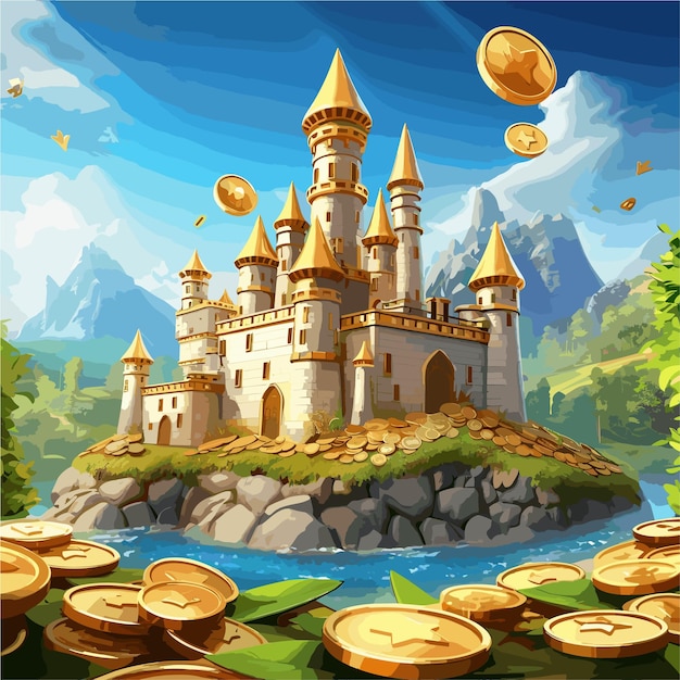 a castle with coins on the shore game background