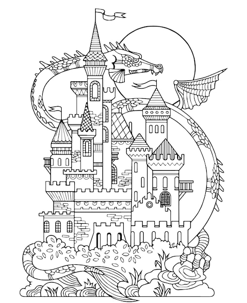 castle with dragon coloring books for kids