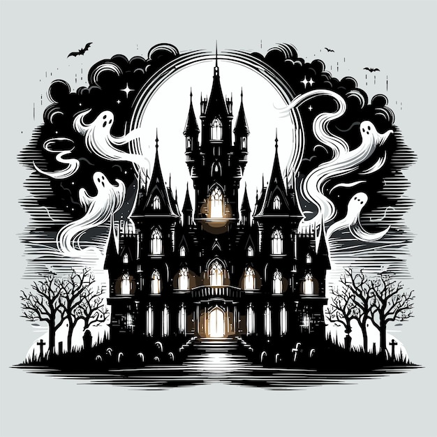 Vector a castle with a moon haunted halloween castle bathed in an eerie glow