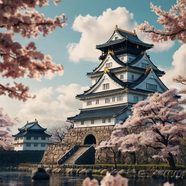 a castle with a sky background and a bridge in the background