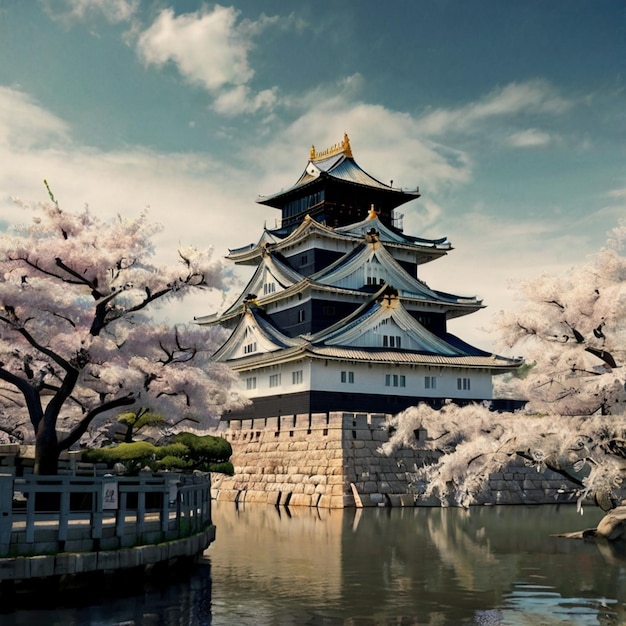 a castle with a sky background and a lake in the background