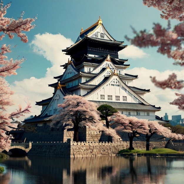 a castle with a sky background and a reflection in the water