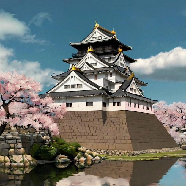 a castle with a sky and clouds in the background