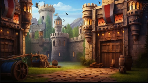 a castle with windows road flags game background