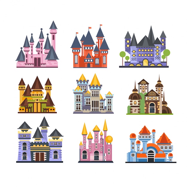 Castles and fortresses set, fairy medieval buildings  Illustrations 