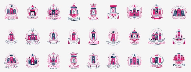 Castles logos big vector set, vintage heraldic fortresses emblems collection, classic style heraldry design elements, ancient forts and citadels.