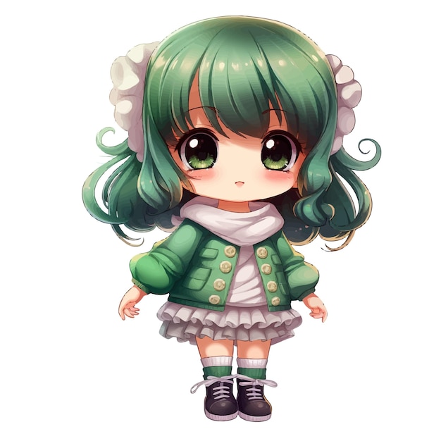 Casual Anime Girl with Vibrant Green Hair and jacket