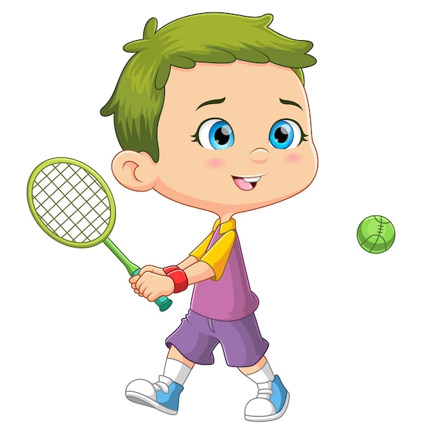 The casual boy is playing a tennis in a field court area and hit the ball