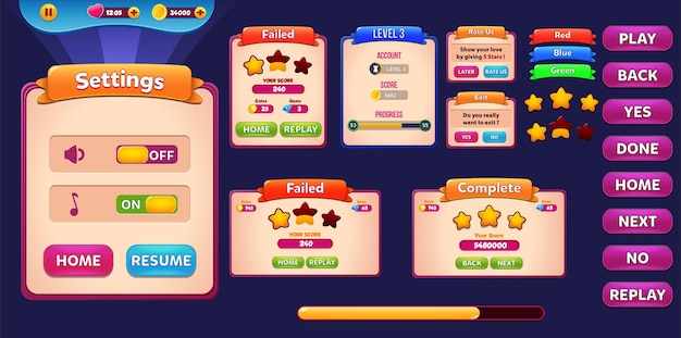 Casual Game Ui Kit Menus pop up screens and Game elements
