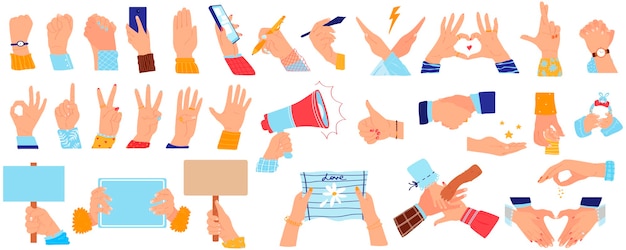 Casual hand gesture, arm hold handshake vector illustration set. Handshaking or grip handclasp, people holding support arms