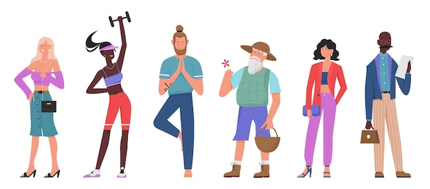 Casual people flat vector illustration set, cartoon various standing characters collection of senior man, athlete yogist, stylish fashion girl isolated on white