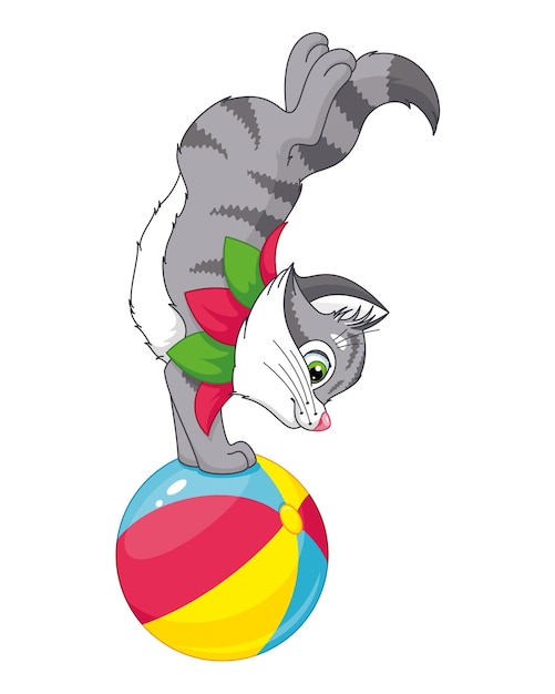 Cat acrobat on the ball cartoon vector illustration