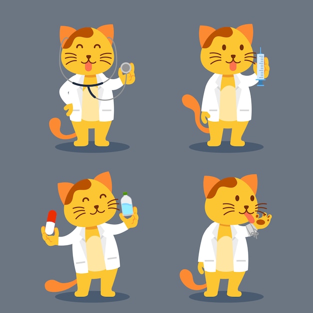 Cat As Pet Doctor Flat Character Illustration