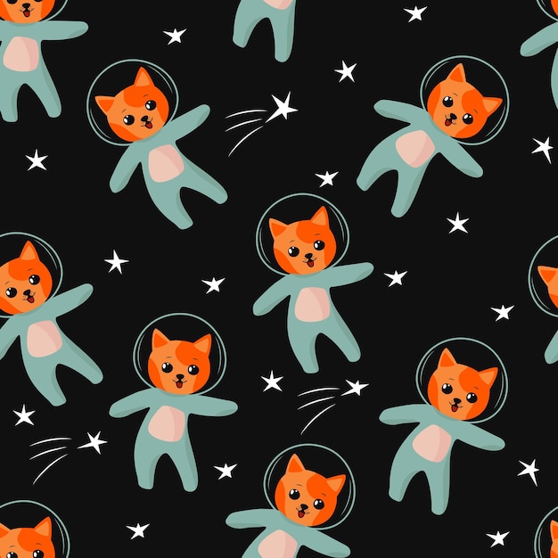 Cat astronaut in space seamless pattern cartoon kitten and and stars on a black background