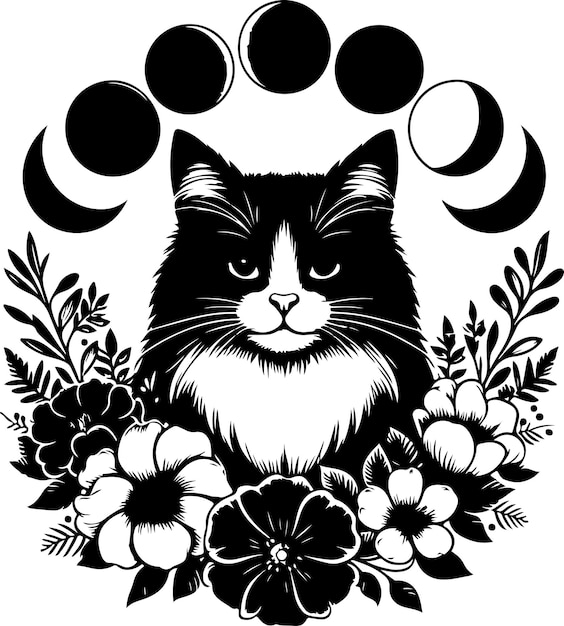 Cat bellaBlack and white cat with flowers moon phases vector image