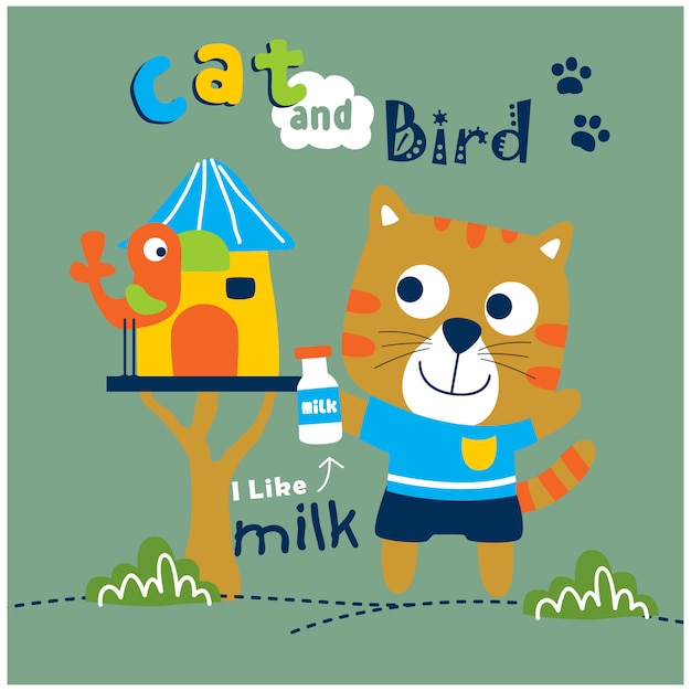 cat and bird funny animal cartoon