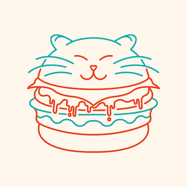 Cat Burger Animals Food Drinks Monoline Illustration