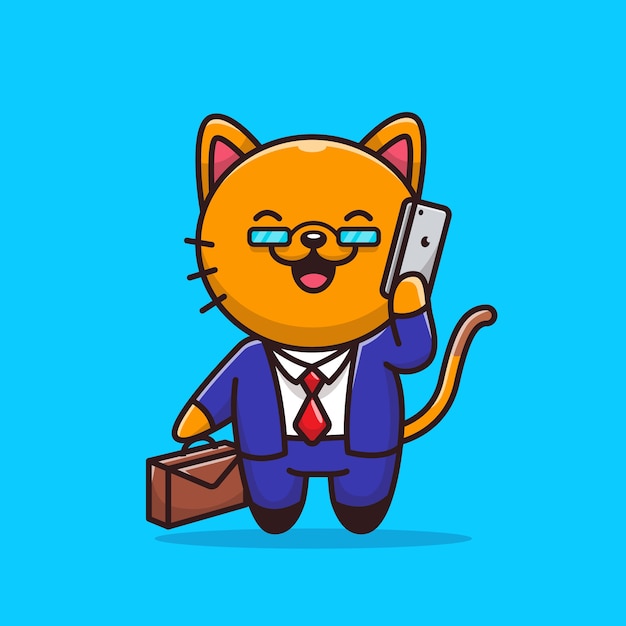 Cat Businessman With Phone   Icon Illustration. Animal Profession Icon Concept   .   