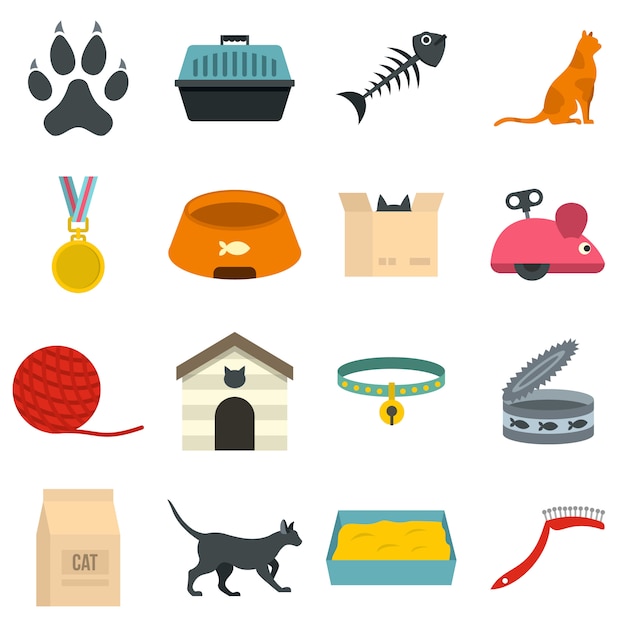 Cat care tools icons set in flat style