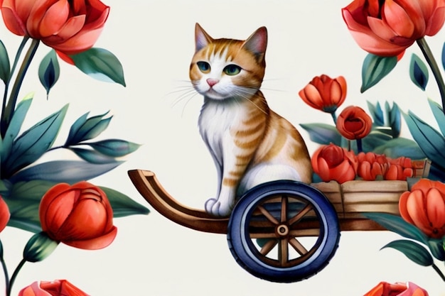 Vector a cat on a cart with a wheel and a wheel with a wheel