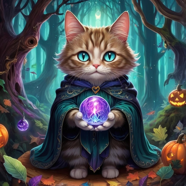 a cat in a cloak holds a ball in its hands