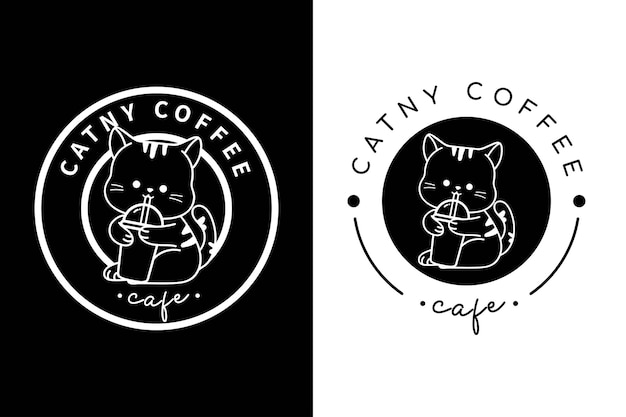 Cat and coffee logo kitten holding coffee cup drink with Mascot cartoon vector icon illustration