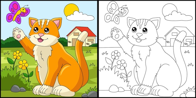 Cat Coloring Page Colored Illustration