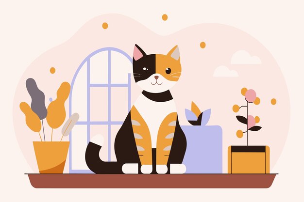 Vector a cat comfortably seated on a table beside a small potted plant indoors