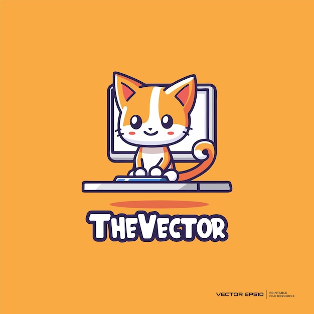 Cat and computer vector logo character cartoon illustration eps10