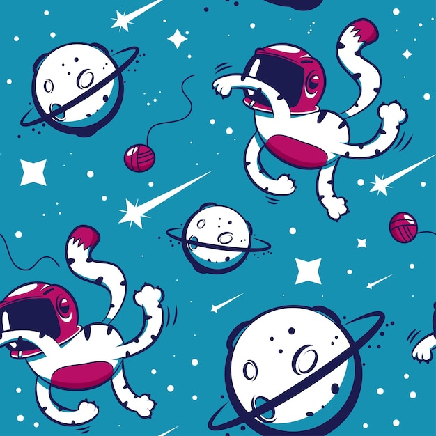 Cat cosmonaut in space vector cartoon seamless pattern. Background for wallpaper, wrapping, packing, and backdrop.