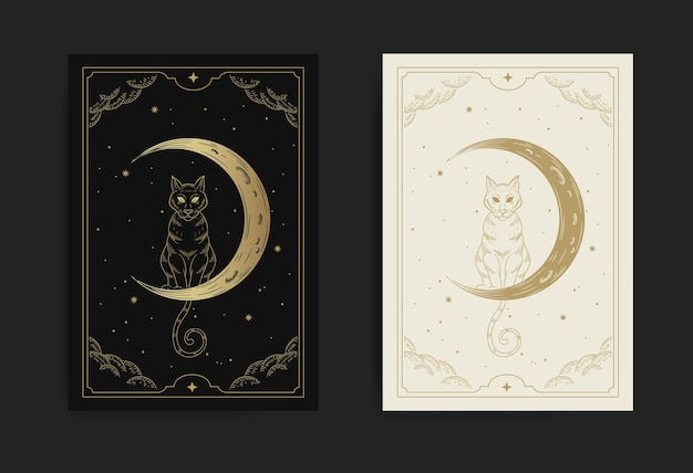 Cat and crescent moon in the starry night sky