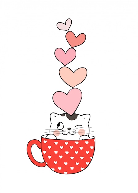 Cat in cup of tea and hearts on head