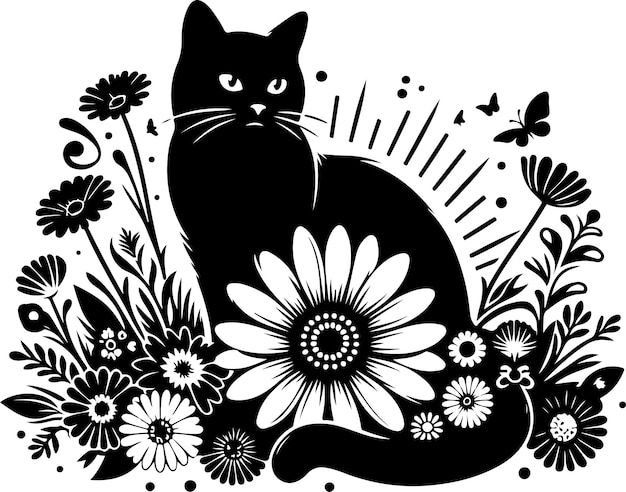 Cat Daisy cat black color silhouette with vector illustration