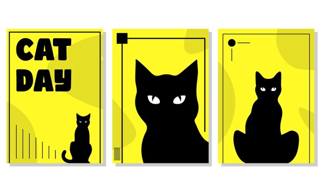 Vector cat day posters set international cat day yellow cover set black cat illustrations