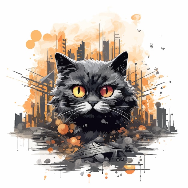 cat_destroy_city_Vector_Illustration