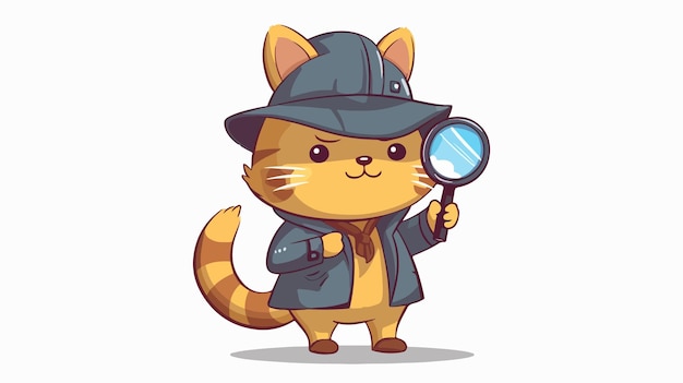 Vector cat detective cartoon illustration with magnifying glass