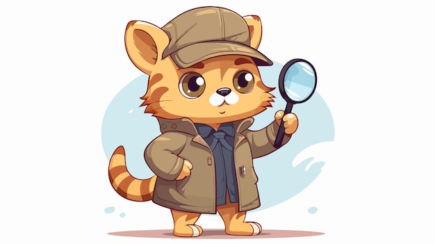 Vector cat detective cartoon illustration with magnifying glass