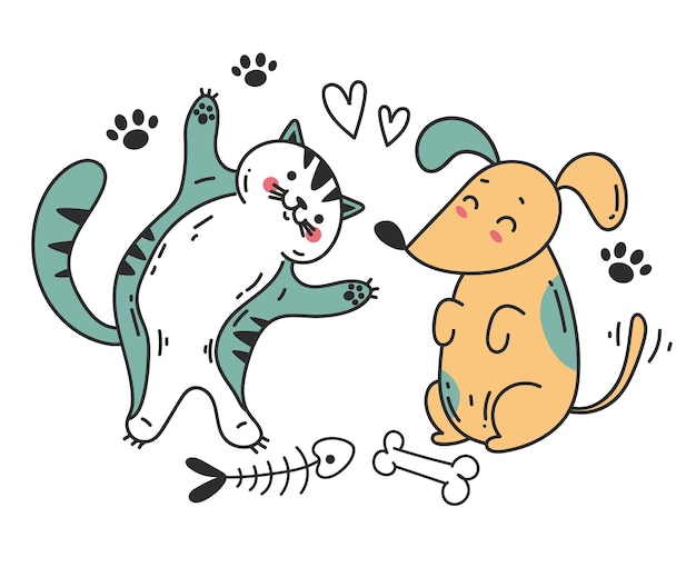 Cat and dog best friends logo line art style concept flat graphic design element concept