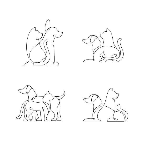 Cat and dog line single logo icon design illustration template