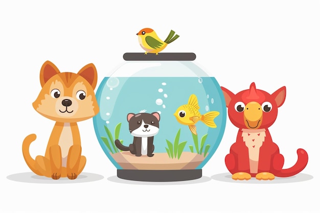 Vector cat dog parrot and goldfish in aquarium