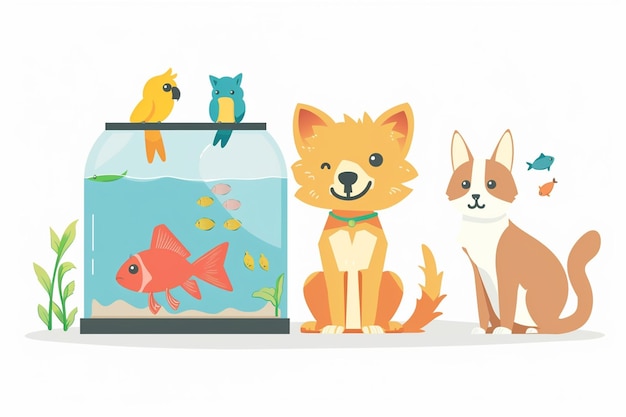 Vector cat dog parrot and goldfish in aquarium