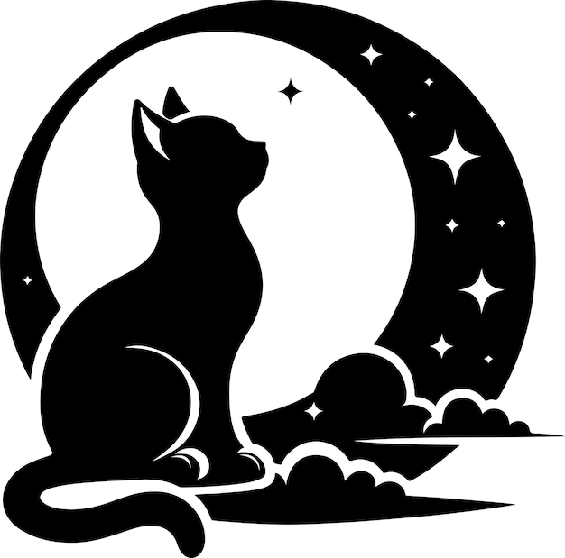 Vector cat dolly silhouette of cat sitting on the moon