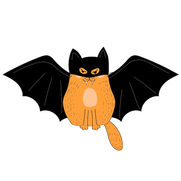 A cat in a dracula costume. Halloween. Red cat to the wings. Autumn. Flat illustration. Vector.