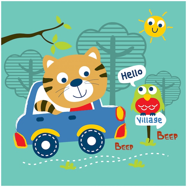 cat driving a car go to village funny animal cartoon