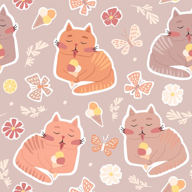 The cat eats ice cream Cute childish flat illustration in gentle beige tones Seamless vector pattern