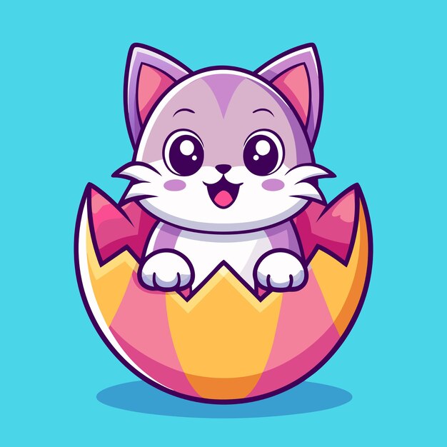 Vector cat in egg vector icon illustration cute cat mascot smiling in a hatching egg flat cartoon style suitable for web landing page banner flyer sticker wallpaper background