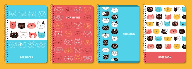 Cat emotion faces trendy cover kitten kawaii line design notebook planner brochure catalog template