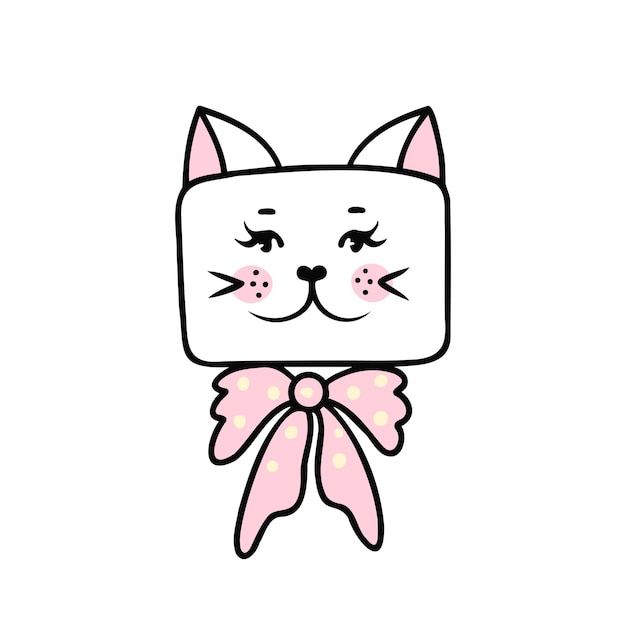 Cat face with bow girl Hand drawn illustration