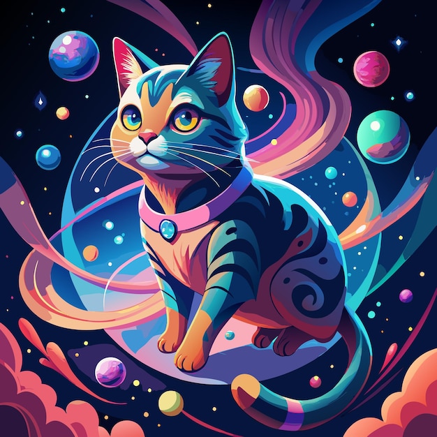 a cat floating in space among stars