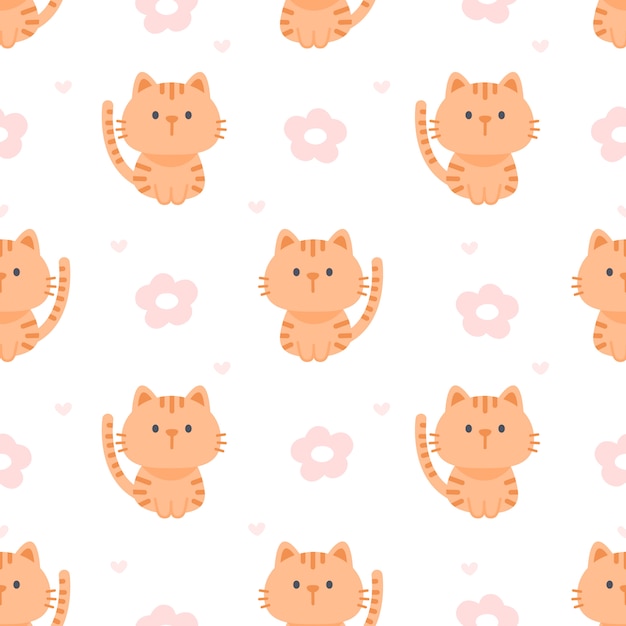 Cat and flowers seamless pattern background